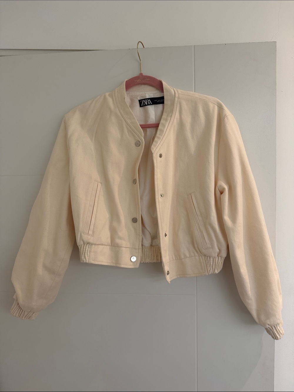 ZARA Cream white denim Cropped Bomber Jacket small